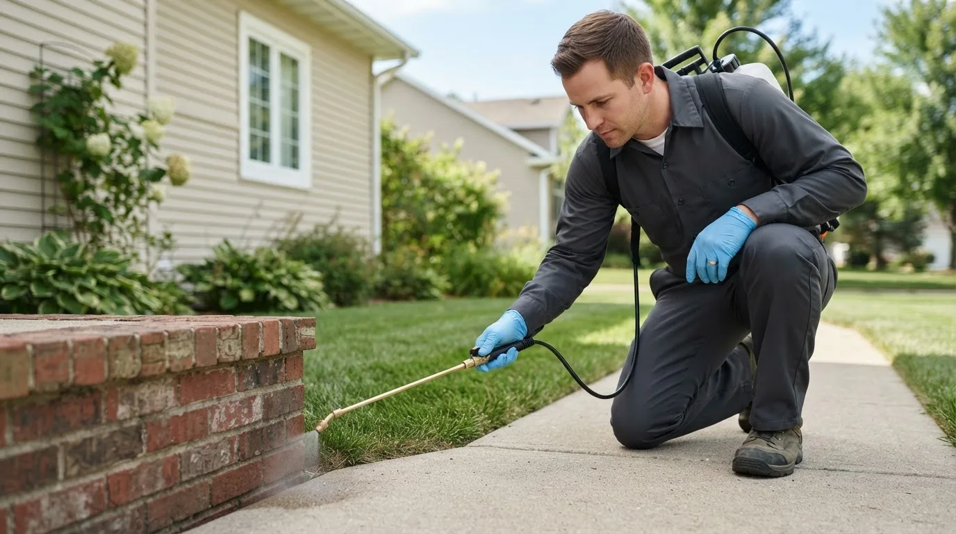 Pest control technician treating a home near Amherst, SD